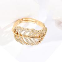 Cubic Zirconia Micro Pave Brass Finger Ring, Leaf, 18K gold plated, Adjustable & micro pave cubic zirconia & for woman, 17-19mm 