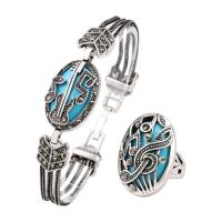 Rhinestone Zinc Alloy Jewelry Set, finger ring & bracelet, with Resin, antique silver color plated, 2 pieces & fashion jewelry & for woman & with rhinestone, blue Approx 7.48 Inch 