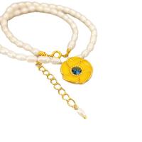 Freshwater Pearl Brass Necklace, with Freshwater Pearl, with 1.97Inch extender chain, Flower, 18K gold plated, for woman & enamel & with rhinestone Approx 18 Inch 