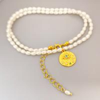 Freshwater Pearl Brass Necklace, with Brass, with 7cm extender chain, Flat Round, 18K gold plated, for woman & with rhinestone, white Approx 45 cm 