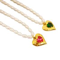 Freshwater Pearl Brass Necklace, with Brass, with 7cm extender chain, Heart, 18K gold plated, for woman & with rhinestone Approx 38 cm 