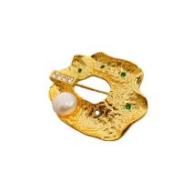Freshwater Pearl Brooch, Brass, with Freshwater Pearl, 18K gold plated, for woman & with rhinestone, white 