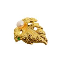 Freshwater Pearl Brooch, Brass, with Freshwater Pearl, Leaf, 18K gold plated, for woman & with rhinestone 