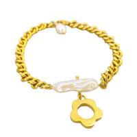 Cultured Freshwater Pearl Brass Bracelet, with Freshwater Pearl, Flower, 18K gold plated, for woman & hollow, white Approx 7.5 Inch 