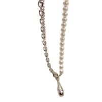 Plastic Pearl Necklace, Brass, with Plastic Pearl, Teardrop, platinum plated, for woman, white Approx 45 cm 