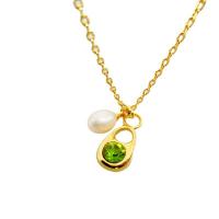 Freshwater Pearl Brass Necklace, with Freshwater Pearl, Teardrop, 18K gold plated, for woman & with rhinestone, green Approx 45 cm 