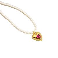 Freshwater Pearl Brass Necklace, with Freshwater Pearl, Heart, 18K gold plated, for woman & with rhinestone, white Approx 18 Inch 