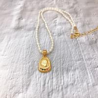 Freshwater Pearl Brass Necklace, with Freshwater Pearl, 18K gold plated, for woman & with rhinestone, white Approx 18 Inch 