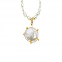 Freshwater Pearl Brass Necklace, with Brass, Flat Round, 18K gold plated, for woman, white Approx 18 Inch 