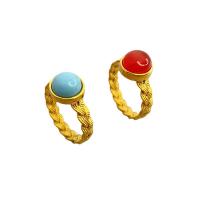 Gemstone Brass Finger Ring, with Synthetic Turquoise & Red Agate, Round, 18K gold plated & for woman 