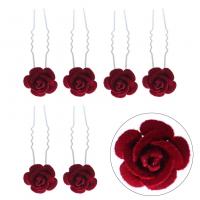 Hair Stick, Zinc Alloy, with Cloth, Flower, silver color plated, 6 pieces & for woman, red 