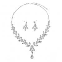 Rhinestone Zinc Alloy Jewelry Set, earring & necklace, silver color plated, 2 pieces & wedding gift & for woman & with rhinestone, silver color 