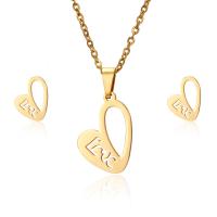 Fashion Stainless Steel Jewelry Sets, 304 Stainless Steel, Stud Earring & necklace, Heart, Galvanic plating, 2 pieces & for woman, golden 