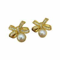 Cubic Zirconia Micro Pave Brass Earring, Bowknot, gold color plated, micro pave cubic zirconia & for woman & with plastic pearl, gold, 30mm 