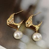 Brass Drop Earring, with Plastic Pearl, gold color plated, for woman, gold, 37mm 