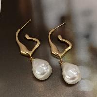 Brass Drop Earring, with Plastic Pearl, gold color plated, for woman, gold 