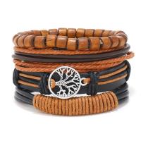 Cowhide Bracelets, with PU Leather & Wax Cord & Wood & Zinc Alloy, polished, 4 pieces & fashion jewelry & Unisex, brown, 180mm 