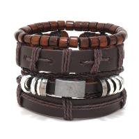Cowhide Bracelets, with PU Leather & Wax Cord & Wood & Zinc Alloy, polished, 4 pieces & fashion jewelry & Unisex, brown, 180mm 