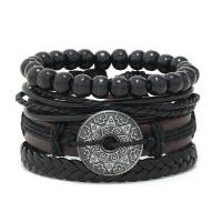 Cowhide Bracelets, with PU Leather & Wax Cord & Wood & Zinc Alloy, 4 pieces & fashion jewelry & Unisex, black, 180mm 
