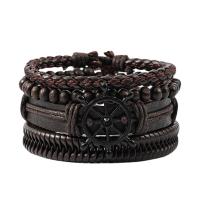 Cowhide Bracelets, with PU Leather & Wax Cord & Wood & Zinc Alloy, stoving varnish, 4 pieces & fashion jewelry & Unisex, brown, 180mm 