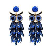 Zinc Alloy Rhinestone Drop Earring, Owl, gold color plated, for woman & with glass rhinestone, blue 