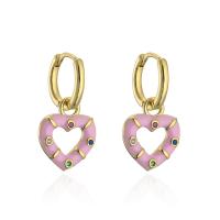 Huggie Hoop Drop Earring, Brass, Heart, real gold plated, micro pave cubic zirconia & for woman & enamel & hollow 