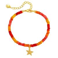 Dyed Shell Bracelet, Brass, with Shell Pearl, Starfish, 18K gold plated, for woman, orange Approx 6.69 Inch 