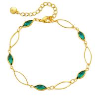Rhinestone Brass Bracelets, 18K gold plated, for woman & with glass rhinestone, green Approx 6.69 Inch 