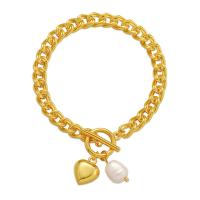 Pulseras de latón, metal, con Perlas plásticas, Corazón, 18K chapado en oro, para mujer, longitud:aproximado 6.69 Inch, Vendido por UD