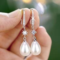 Brass Drop Earring, with Plastic Pearl, plated, micro pave cubic zirconia & for woman 