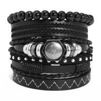 PU Leather Cord Bracelets, with Wax Cord & Wood & Copper Coated Plastic & Zinc Alloy, silver color plated, 6 pieces & fashion jewelry & for woman, black 