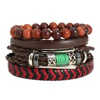 PU Leather Cord Bracelets, with Wax Cord & Wood & Copper Coated Plastic & Zinc Alloy, 6 pieces & fashion jewelry & for woman, multi-colored 