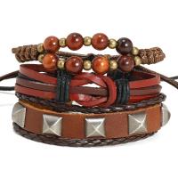 PU Leather Cord Bracelets, with PU Leather & Wax Cord & Wood & Copper Coated Plastic & Zinc Alloy, with 8-9cm extender chain, three pieces & fashion jewelry & for woman, brown, 17-18cm 