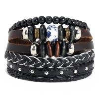 Cowhide Bracelets, with Linen & PU Leather & Wood & Zinc Alloy, with 8-9cm extender chain, three pieces & fashion jewelry & for woman, brown, 17-18cm 