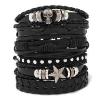 Cowhide Bracelets, PU Leather, with Cowhide & Wax Cord & Copper Coated Plastic & Zinc Alloy, with 8-9cm extender chain, 6 pieces & fashion jewelry & for woman, black, 17-18cm 