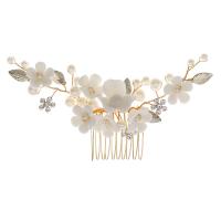 Decorative Hair Combs, Zinc Alloy, with brass wire & Porcelain & Plastic Pearl, Flower, gold color plated, for woman & with rhinestone, golden 