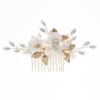 Decorative Hair Combs, Zinc Alloy, with brass wire & Polymer Clay, Flower, gold color plated, for woman & with rhinestone, golden 