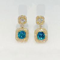 Cubic Zircon (CZ) Drop Earring, Brass, Square, gold color plated, micro pave cubic zirconia & for woman, skyblue, 13mm 