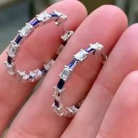 Brass Hoop Earring, platinum color plated, micro pave cubic zirconia & for woman, blue, 31mm 