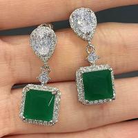 Cubic Zircon (CZ) Drop Earring, Brass, platinum color plated, micro pave cubic zirconia & for woman, green 