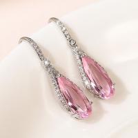 Cubic Zircon (CZ) Drop Earring, Brass, Teardrop, platinum color plated, micro pave cubic zirconia & for woman, pink 