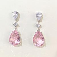 Cubic Zircon (CZ) Drop Earring, Brass, Teardrop, platinum color plated, micro pave cubic zirconia & for woman, pink 