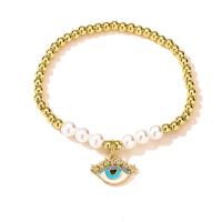Evil Eye Jewelry Bracelet, Brass, with Plastic Pearl, gold color plated & micro pave cubic zirconia & for woman & enamel, gold, 170mm 