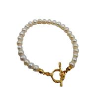 Cultured Freshwater Pearl Brass Bracelet, with Freshwater Pearl, gold color plated, for woman, original color, 180mm 