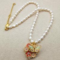 Freshwater Pearl Brass Necklace, with Freshwater Pearl, gold color plated, micro pave cubic zirconia & for woman & enamel, white, 450mm 