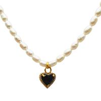 Freshwater Pearl Brass Necklace, with Freshwater Pearl, Heart, gold color plated, micro pave cubic zirconia & for woman, white, 380mm 