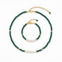 Malachite Beads Necklace, Brass, with Malachite & Freshwater Pearl, gold color plated & for woman, green, 485mm 