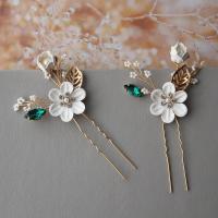 Hair Stick, Zinc Alloy, with ABS Plastic Pearl & PU Leather, gold color plated, fashion jewelry & for woman & with rhinestone, two different colored 