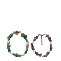 Gemstone Chip Bracelets, Amethyst, with Titanium Steel & Green Aventurine & Freshwater Pearl, with 1.18 extender chain, 18K gold plated, for woman .69 Inch 