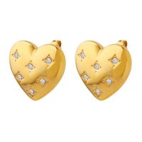 Titanium Steel Earrings, Heart, Vacuum Ion Plating, fashion jewelry & micro pave cubic zirconia & for woman, golden 
